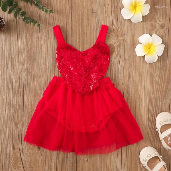 Roupas Conjuntos de roupas Meninas do Dia dos Namorados Romper infantil de cor sólida lantejoulas de lantejoulas mangas manning sling de malha semestre