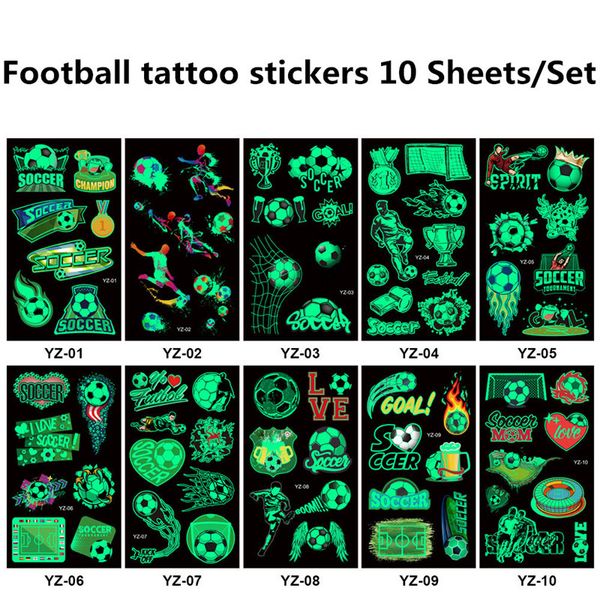 WM-Tattoo-Aufkleber, Persönlichkeit, leuchtender Cartoon, Fußball, Fußball, Gesicht, Tattoo-Aufkleber, wasserdicht, 10 Blatt/Set