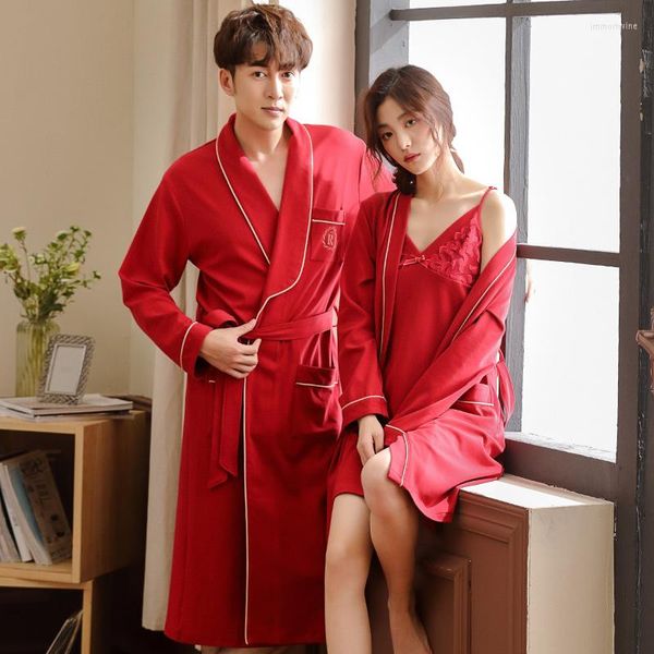 Kadınların Pijama Çift Cüppe İlkbahar ve Sonbahar Tam Pamuk Kırmızı Kadınlar Düğün Gelin Cübesi Elbise Büyük Yards M-3XL Uzun Kollu Peignoir Erkekler