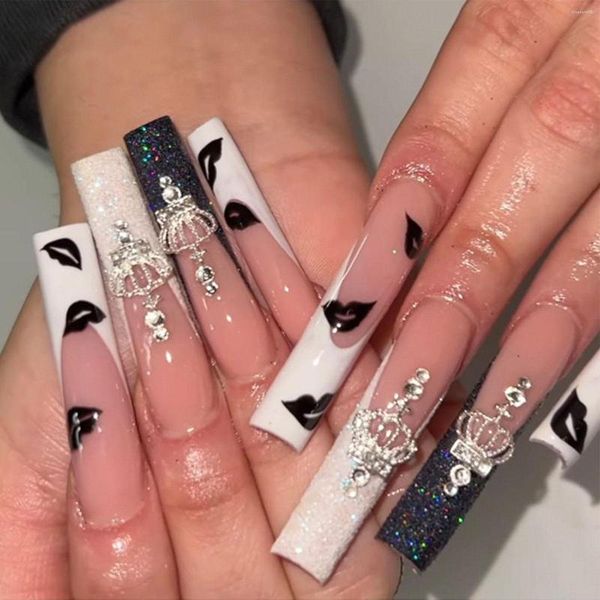 False unhas de balé longo capa completa preto lábio branco coroa strass de decoração Pressione Pressione dicas com geléia