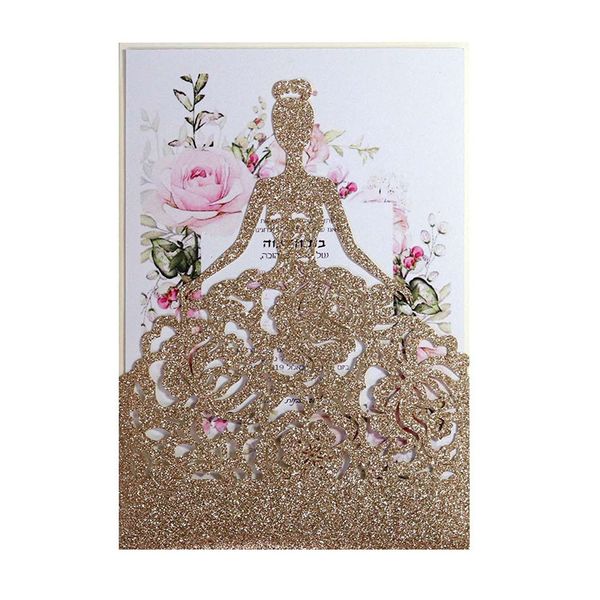 Biglietti d'auguri 50 pezzi Taglio laser Elegante sposa Rose Invito matrimonio Copertina carta Fornitura Carte di carta glitter Decorazioni per feste di compleanno Bomboniere 220919