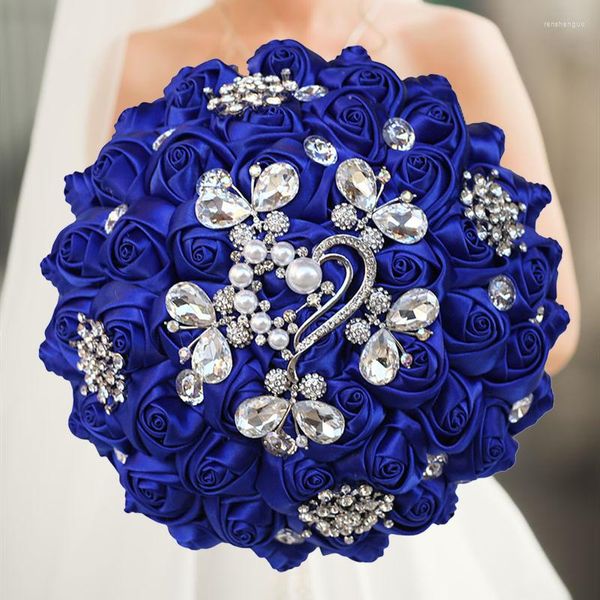 Fiori decorativi Bouquet da sposa per matrimonio reale Nastro d'avorio Spilla Bouquet Diamante