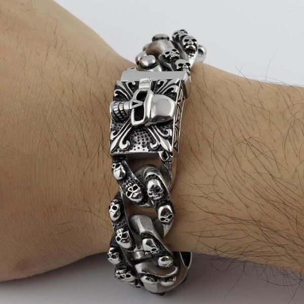 Braccialetti a maglie Casting Punk Gioielli Bracciale da uomo in acciaio inossidabile 316L con scheletro in argento con teschio maestoso