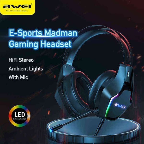 Fones de ouvido Awei GM-1 fone de jogo com fone de ouvido com fio de microfone RGB Luminescence HiFi estéreo Gamer3.5mm USB A para PC Computador Laptop T220916