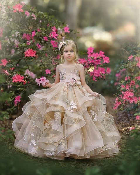 Mädchen Kleider Schöne Champagner Blume Mädchen 2022 Sheer Tüll Ballkleid Pageant Kinder Formale Party Kleid Mit Rosa Schärpe Gürtel