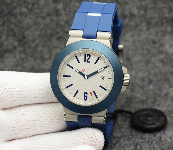 Meccanico automatico BG vetro zaffiro quadrante argento 44M orologio da uomo gommato logo lettera lunetta cinturino in caucciù blu luminoso