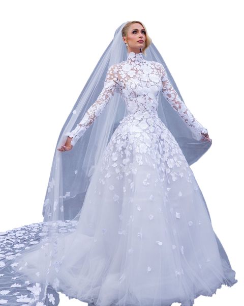 Einzigartig gestaltetes Hochzeitskleid 2023 mit freiem Schleier, A-Linie, Stehkragen, Spitze, lange Ärmel, Blumenstickerei, Kapellenschleppe, Royal Garden, romantische Bräute