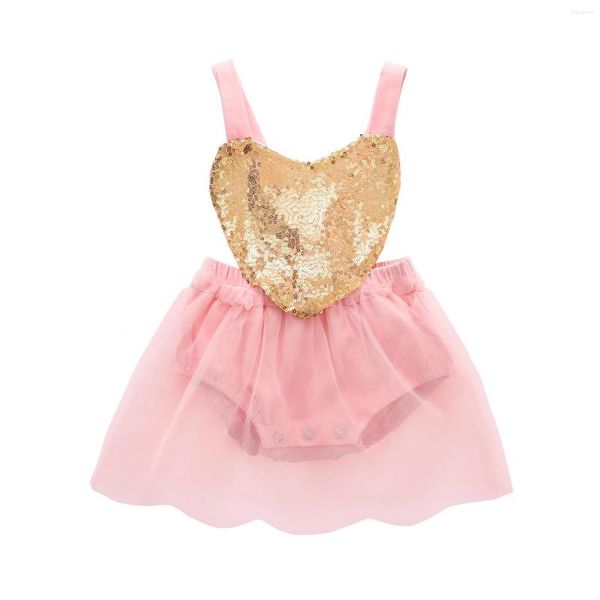 Completi di abbigliamento Adorabili neonate Pagliaccetto di San Valentino Abito senza maniche con paillettes Love-Heart Backless Body con abiti in maglia tutù