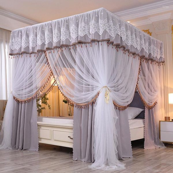 Zanzariera di lusso grigio rosa a due piani romantico bianco pizzo ombreggiante letto mantello decorazione della stanza da terra in stile principessa