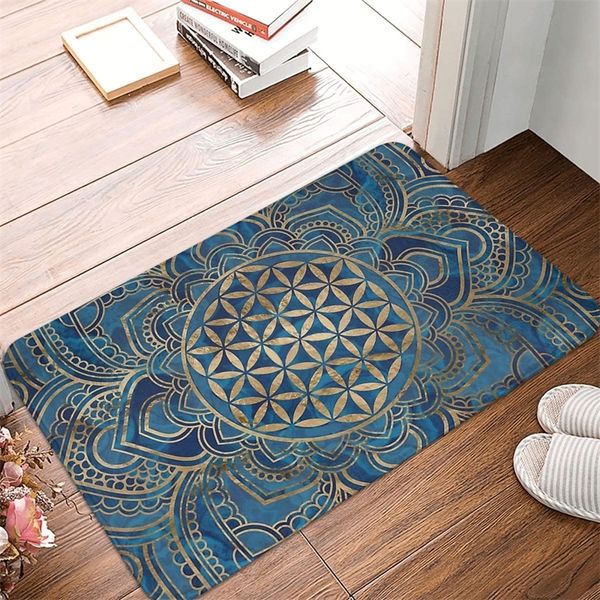 Carpet Culture Badematte, Blume des Lebens im Lotus-Mandala, blauer Marmor und Gold, Fußmatte, Küche, Eingangstür, Heimdekoration, 220919