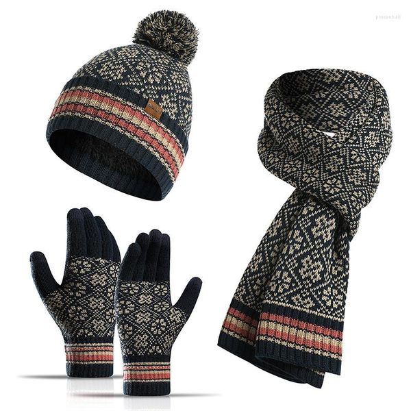 Berretti Unisex Inverno Donna Sciarpa Cappello Guanti touch screen Set Copricapo da uomo lavorato a maglia Berretti Set Guanto