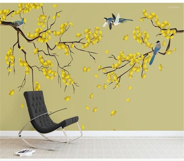 Tapeten Wallpaper Custom Tapete Wandbauer Ginkgo handbemalte Blumen und Vögel Chinesische Hintergrund Wanddekoration Gemälde