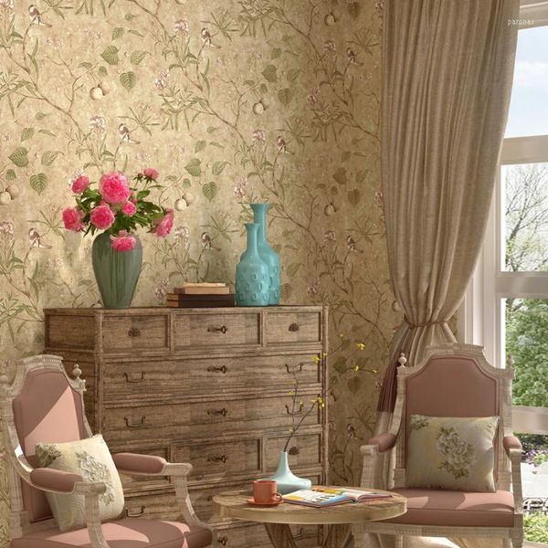 Lux Style Floral Wall Cloth - Seamless Whole House Wallpaper with American Flower and Bird Design: Perfect for TV Entry, Bedroom, and Living Room Customization.