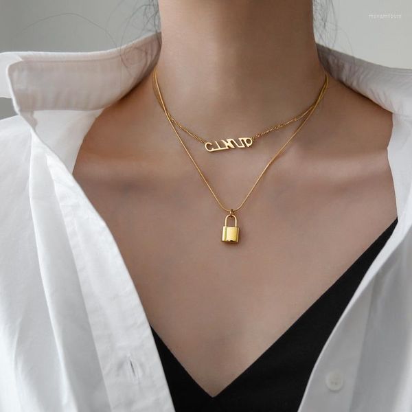 Anhänger Halsketten YUN RUO 18 K Gold Doppelschicht Kette Schloss Halskette Mode Sexy Titan Edelstahl Schmuck Frau Hip-Hop Zubehör