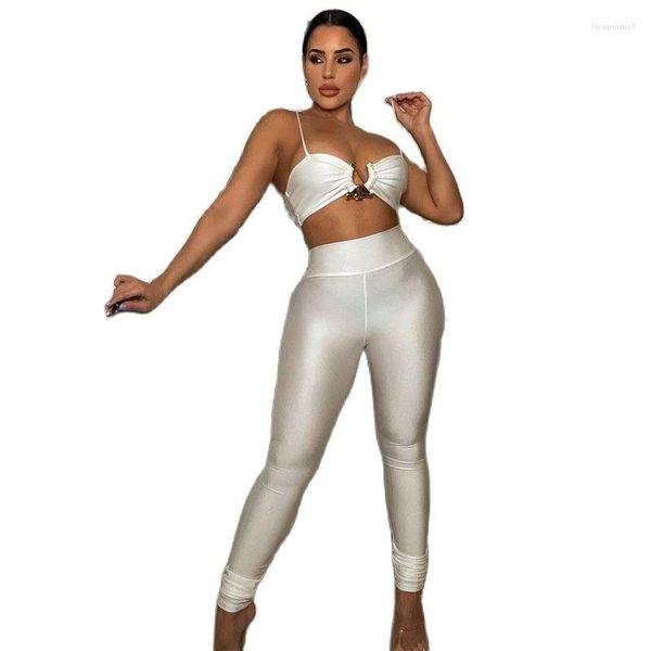 Calças de duas peças femininas Tops sexy envolvem o quadril skinny spandex leggings peças mulheres define a colheita 2022 VENDA