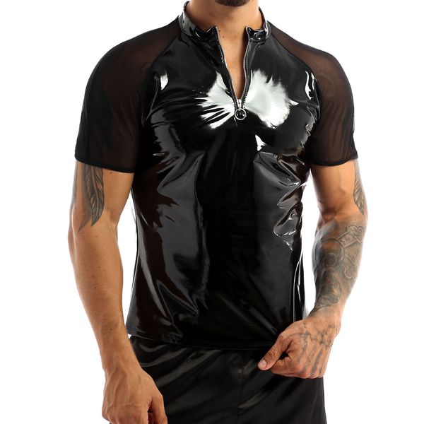 Catsuit-Kostüme Herren-T-Shirts aus Lackleder, Rundhalsausschnitt, durchsichtiges Netzstoff, kurze Ärmel, T-Shirts mit halbem Frontreißverschluss, Tops, Wet-Look, Clubwear