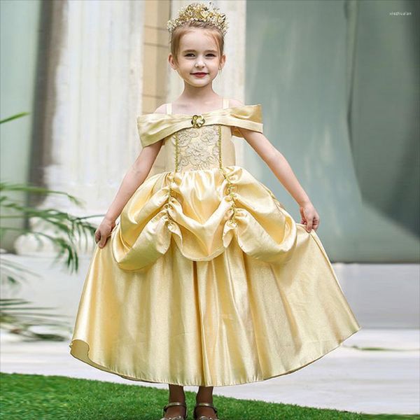 Vestidos de menina flor meninas de flores vestem tafetá amarelo fora do ombro do tornozelo Princess Kids para vestidos de baile de casamento Primeira comunhão vestido de comunhão