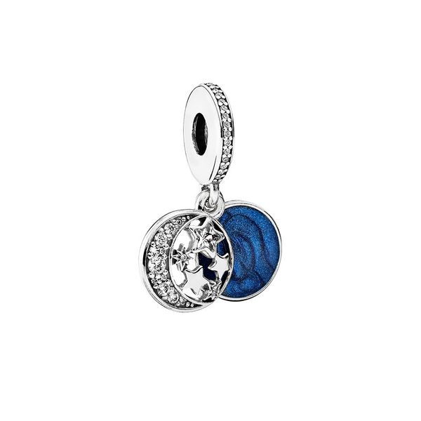 Moon & Blue Sky Dangle Charm Authentic 925 Sterling Silver Accessories For pandora Bangle Bracelet Necklace Making Beads