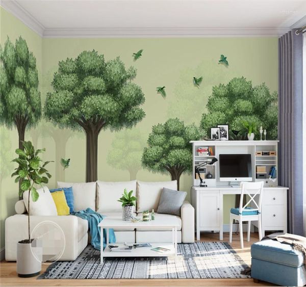 Papéis de parede personalizados grandes papel de parede mural quarto infantil europeu, fofo grande árvore voadora de pássaros voadores de fundo cobertura de parede