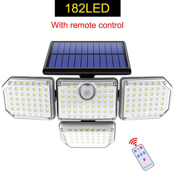 Solar Street Light Outdoor ao ar livre 182/112 Lâmpada de parede LED com cabeças ajustáveis ​​Luz de segurança IP65 à prova d'água