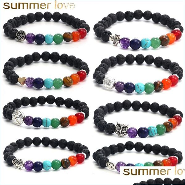 Fios de miçangas feitas à mão 8mm 7 chakras natura lava stone binelet para homens buda cabeça árvore de vida coruja charme de elefante de moda dhvha