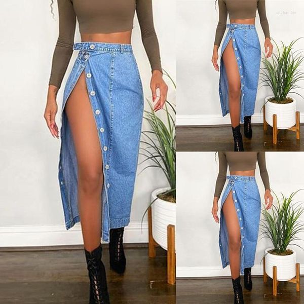 Saias 2022 Chegada de cintura alta Sexy Satia de fenda Fashion Summer azul Longo Jeans Front Jeans S-2xlskirts