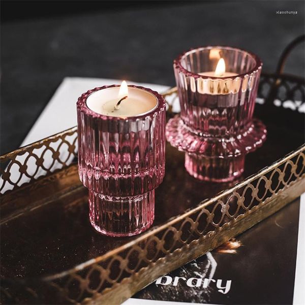 Titulares de velas Crystal Pink Glass diminui o castiçal para o quarto da sala de estar elegante, elegante peça central de ornamentos