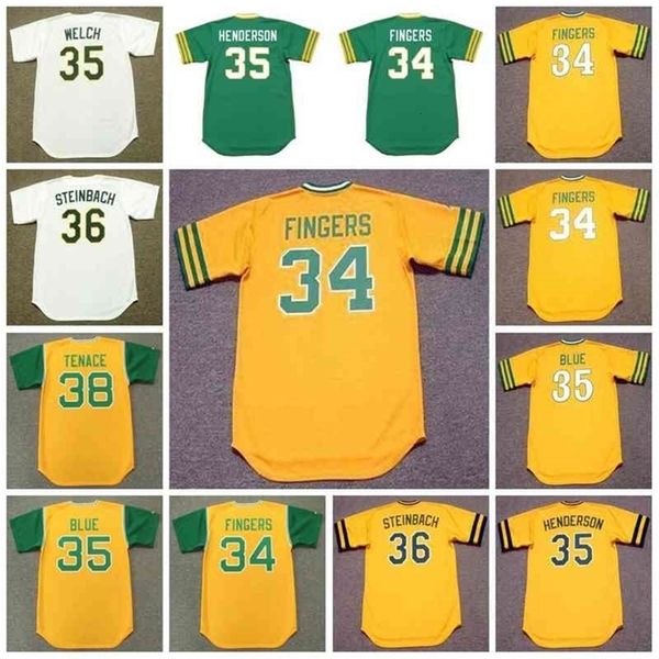 GlaC202 Maglia da baseball vintage 34 ROLLIE FINGERS 1969 35 BOB WELCH 1989 RICKEY HENDERSON 1980 VIDA BLUE 36 TERRY STEINBACH 1986 38 GENE TENACE