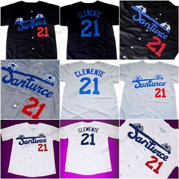 GlaA3740 Menas Santurce Crabbers Porto Rico Roberto Clemente Jersey 21 Camisas de beisebol pretas e cinza pretas baratas