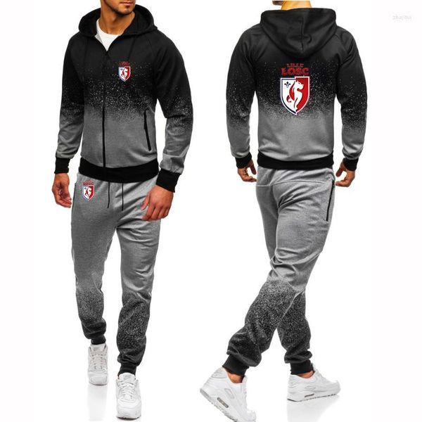 Men's Tracksuits Men's Euro Club Lille 2022 gradiente masculino estampa colorida moletons com zíper com capuz top top panteda de duas peças de traje de duas peças