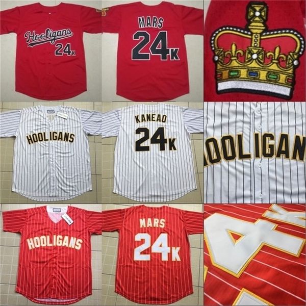 Glamit mass hooligans 24k Bruno Mars Bianco Awards Jersey Gessato 100% costurou Button Button Baseball Jerseys Wholesale S-3xl