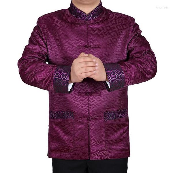 Trajes masculinos vestido de banquete de meia-idade de túnica chinesa jaqueta masculina homem blazer homem casacos tang style stand colar roxo