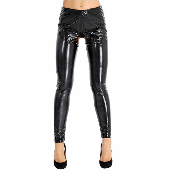 Catsuit kostümleri siyah kadın iç çamaşırı ıslak görünüm pvc sahte deri pantolon açık kasık ve popo pantolon sıska esnek legging pantolon