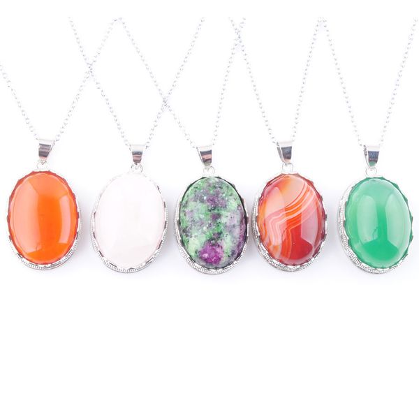 Colar de pingente de cabochão oval natural e ágates jade quartzs rubi pedra para mulheres jóias presentes 21x28mm bn376