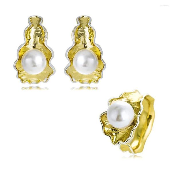 Brincos de colar Conjunto de jóias geométricas Viennois para mulheres Rose Color Pearl Design Ring Ear Clip Party 2022