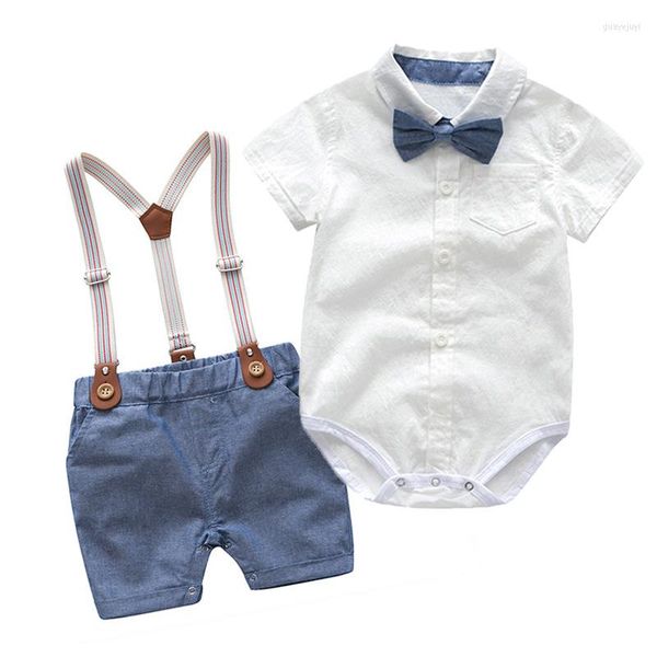 Kleidungssets Baby-Jungen-Gentleman-Anzug, formeller 1. Geburtstag, geborenes Outfit, einteiliger Overall, Fliege, Hosenträger, Kleinkind-Kleidung