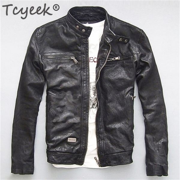 Giubbotti da uomo Tcyeek Giacca da uomo in vera pelle da uomo Vera pecora capra Nero Marrone Maschio Bomber Moto Giacche Primavera Autunno Abbigliamento uomo L1 220919