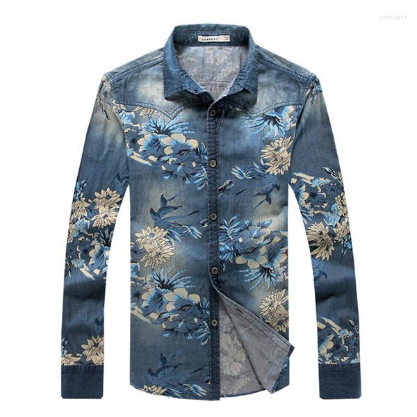 Camisas casuais masculinas- camisa de jeans de jeans 5xl Manga longa masculina roupas vintage Floral Slim Fit Cotton Chemise Homme 2022 T132