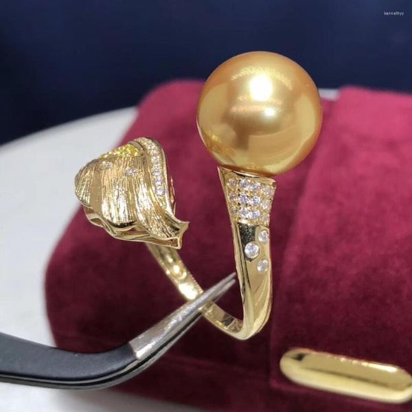 Ringos de cluster jóias finas 14K Amarelo de ouro natural Oceano Golden Peals 11-12mm para mulheres pérolas