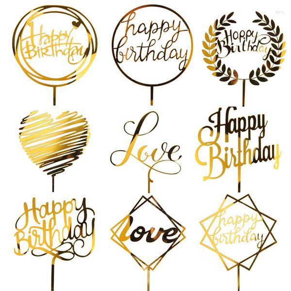 Suprimentos festivos Golden Glitter acrílico Feliz aniversário Topper Cupcake Toppers Tops Bandas Tops Party Wedding Decoration