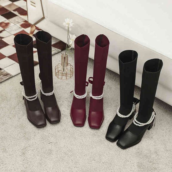 Botas inverno 2022 New Woolen High Boots Square Head Head Feminino Feminino Médio Sapatos Vermelhos de Vinho 220920