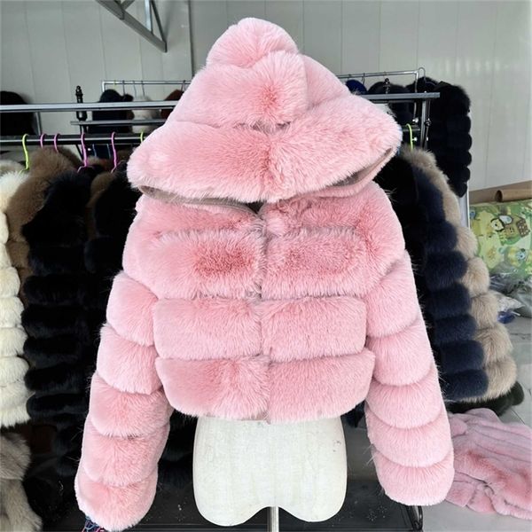 Jaquetas de peles e casacos e casacos para mulheres de alta qualidade feminina para mulheres com corte de acabamento fofo com capuz inverno 220919