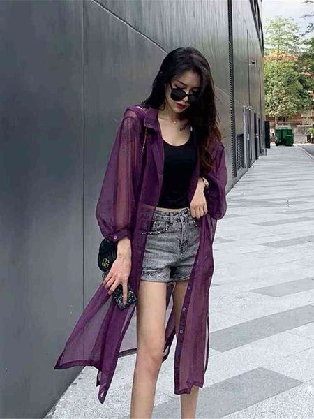 Kadın Sweaters 2022 Kadın Bluz Buz Yaz Puff Sleeve Uzun Gömlek Kimono Yelek Gevşek Kimono Siyah Beyaz Bluz Şifon Sunprotektif Moda J220915