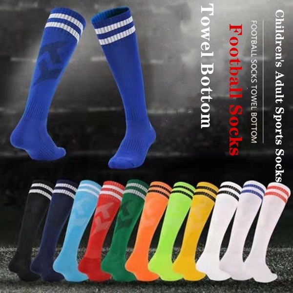 Calzini da uomo unisex alti al ginocchio doppie strisce calzini sportivi da calcio per adulti calzini da allenamento per bambini con fondo asciugamano sportivo