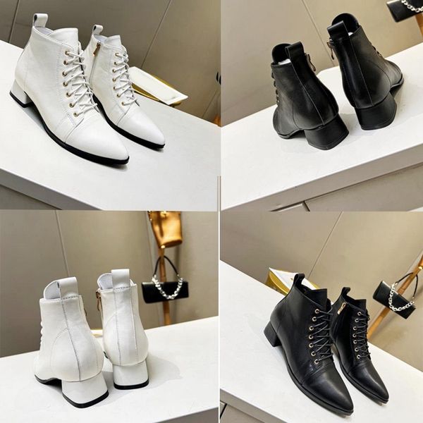 Tasarımcı Kadın Botları Marka Siyah Deri Bots Beyaz fermuar Altın Üst düzey çok yönlü ayakkabılar Kış kaymaz giyim-dayanıklı kalın topuk ayak bileği botları