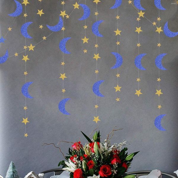 Decoração de festa azul ouro Eid Mubarak aniversário Ramadan Glitter Paper Star Moon Garland Banner pendurado Twinkle Baby Shower Decor Decor