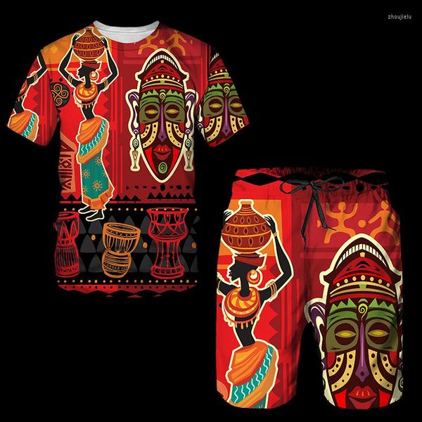 Tute da uomo 2022 Estate T-shirt da uomo africano Imposta Africa Dashiki Tuta Abbigliamento Tuta sportiva 2 pezzi Maglietta Pantaloncini Retro