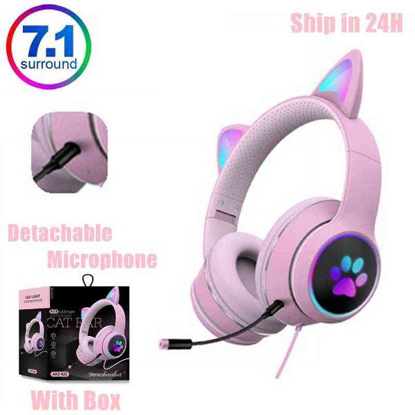 Гарнитуры виртуальные 7.1 Ушная кошачья ушная гарнитура с подключаемым шумоподавлением с двойным микрофоном RGB Освещение милые девушки Gaming Heephones T220916