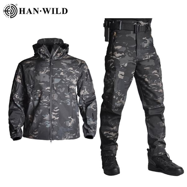 Giacche da uomo 5XL Abbigliamento tattico Giacche Pantaloni Uomo Giacca in pile Esercito Antivento Camo Tuta da caccia Giacca a vento Militare Escursionismo Soft Shell 220919