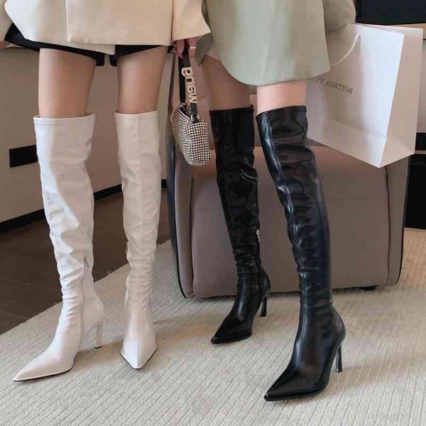 Botas Outono Elástico Slim Sexy Spice Girl Apontou Long Black Patent Leather Knee High Boots Womens Versátil Moda 220920